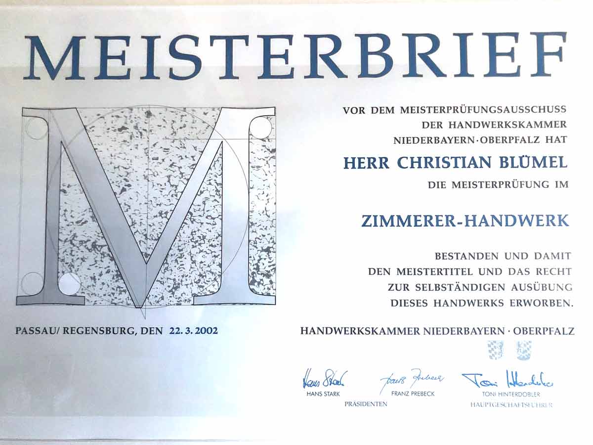 Meisterbrief im Zimmererhandwerk von Christian Blümel